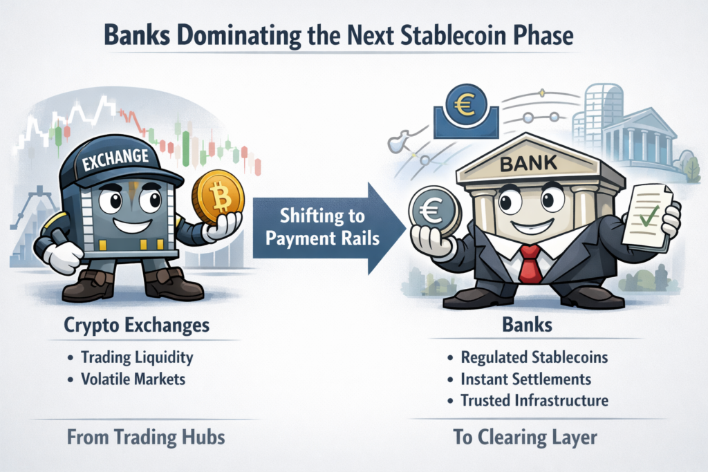 Illustratie van een crypto-exchange en een bank die de verschuiving tonen van trading liquidity naar gereguleerde stablecoin-betalingsrails, met nadruk op MiCA, settlement en infrastructuurdominantie door banken.