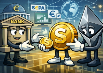 illustratie van een bank, een stablecoin en een Ethereum-figuur die met elkaar interageren in een Europese betalingsomgeving met euro-, SEPA- en netwerkvisuals, als symbool voor de verschuiving van trading rails naar gereguleerde betalingsrails.