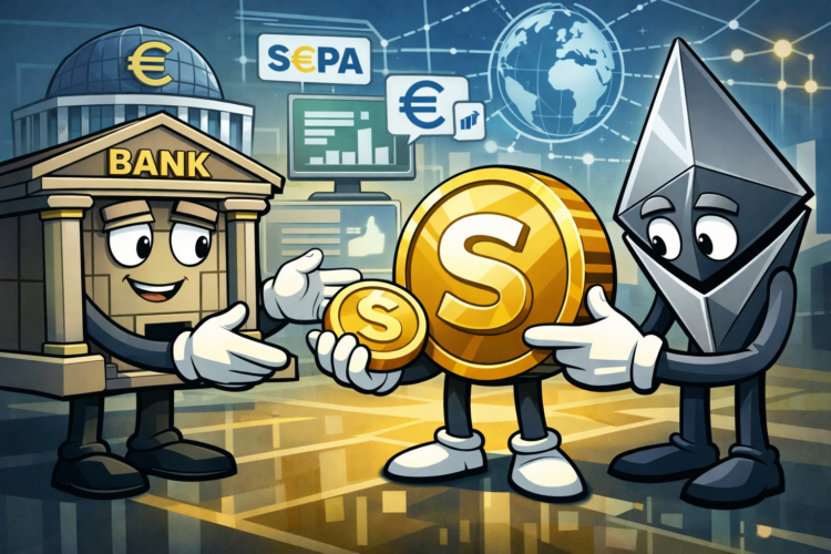 illustratie van een bank, een stablecoin en een Ethereum-figuur die met elkaar interageren in een Europese betalingsomgeving met euro-, SEPA- en netwerkvisuals, als symbool voor de verschuiving van trading rails naar gereguleerde betalingsrails.