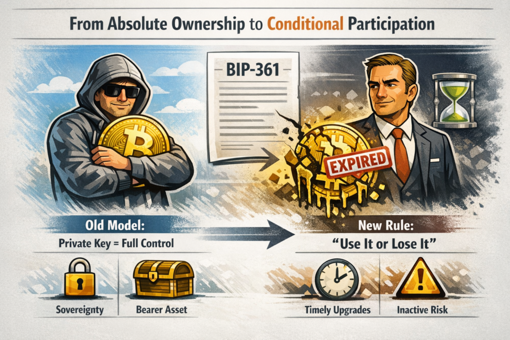 Illustratie van de verschuiving in Bitcoin eigendom door BIP-361: links een traditionele hodler met volledige controle via private keys, rechts een moderne gebruiker waarbij toegang afhankelijk is van tijdige upgrades, met nadruk op “use it or lose it”, supply-reductie en veranderende netwerkregels.