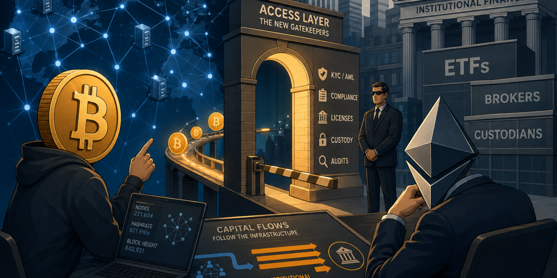 Editorial illustratie van Bitcoin als gedecentraliseerd netwerk dat via een gereguleerde toegangspoort verbonden is met institutionele financiële partijen zoals ETF’s en custodians, waarbij kapitaalstromen verschuiven van peer-to-peer naar gecentraliseerde infrastructuur.