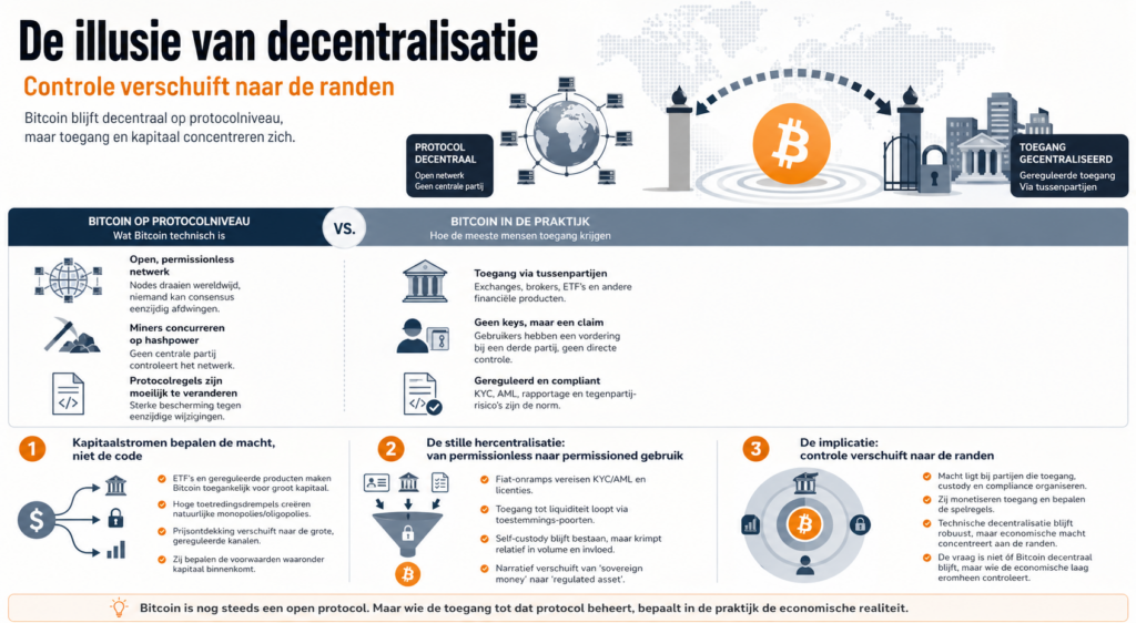 Infographic die het verschil toont tussen Bitcoin als gedecentraliseerd protocol en de gecentraliseerde toegang via exchanges en ETF’s, waarbij controle verschuift naar partijen die kapitaalstromen en toegang beheren.