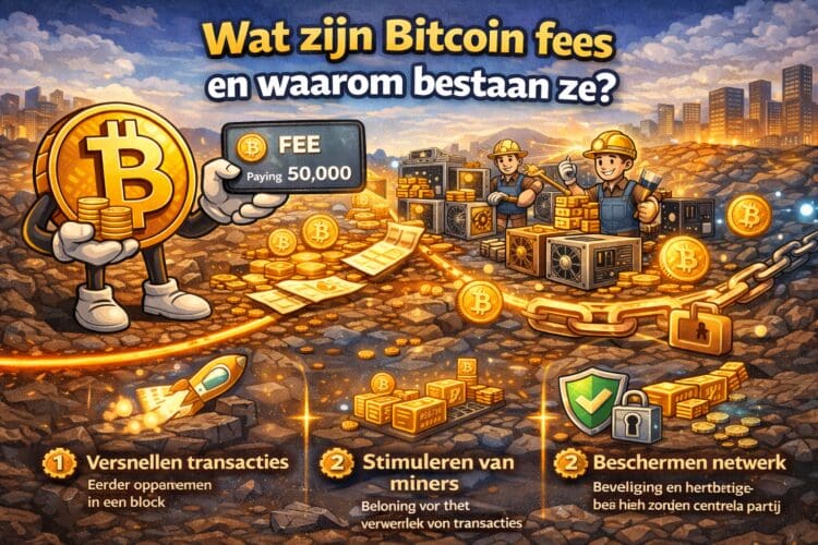 Crypto illustratie van Bitcoin fees met miners, transacties en netwerkdruk die invloed heeft op snelheid en kosten in cartoon stijl