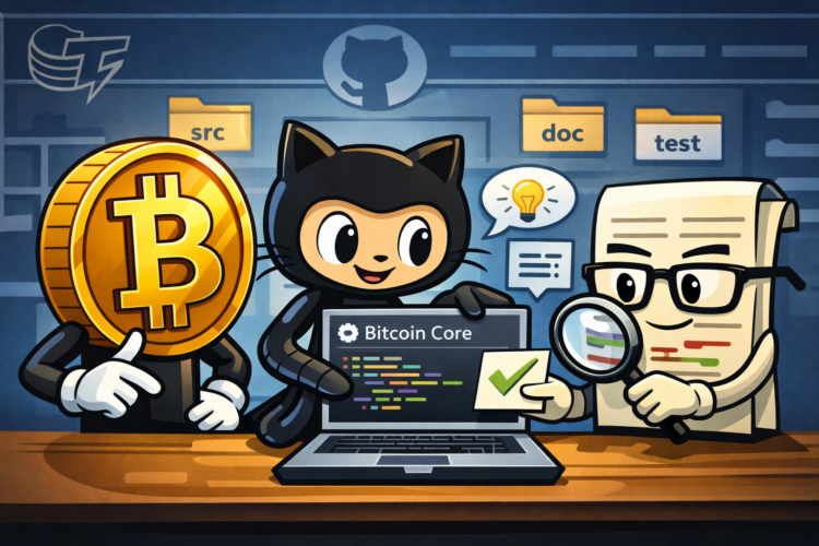 illustratie van Bitcoin-ontwikkeling op GitHub met een Bitcoin-karakter, de GitHub Octocat en een documentfiguur die samen Bitcoin Core-code, documentatie en tests beoordelen.