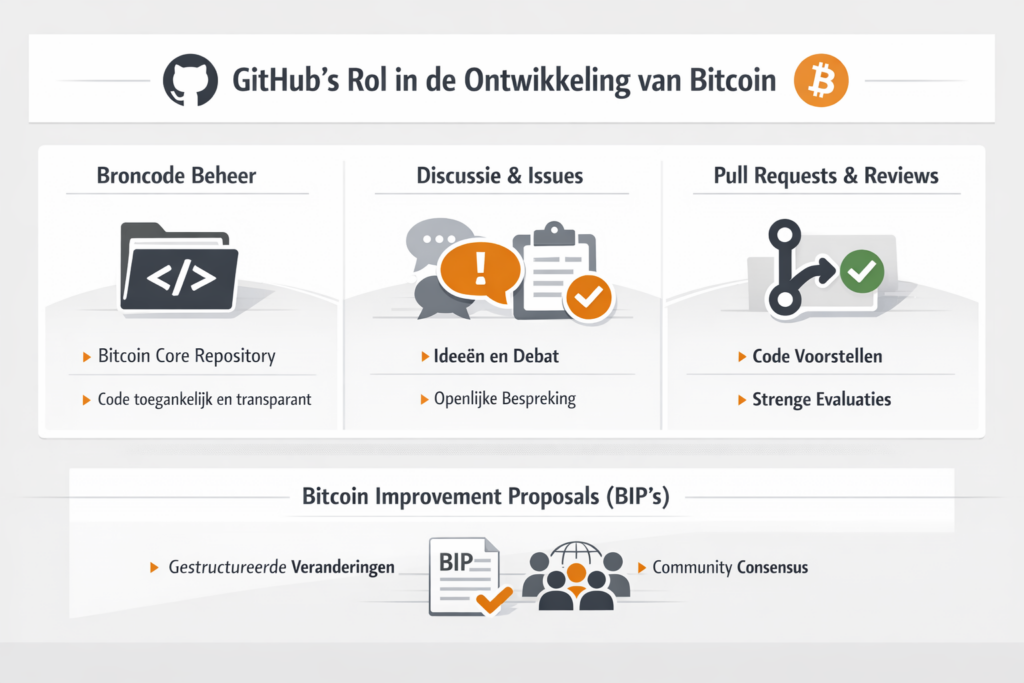 Infographic over de rol van GitHub in Bitcoin-ontwikkeling met stappen: broncode, discussies, pull requests en BIP-consensus binnen een open ecosysteem