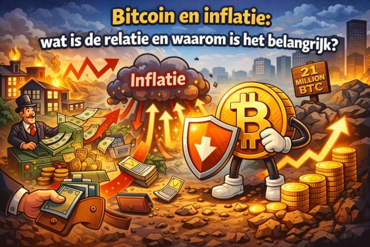 Crypto illustratie die de relatie tussen Bitcoin en inflatie toont met koopkracht, geldcreatie en vast aanbod in cartoon stijl
