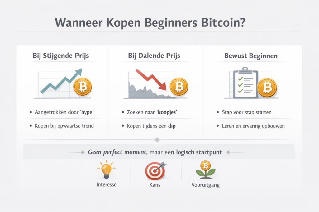Infographic die drie momenten toont waarop beginners Bitcoin kopen: bij stijgende prijs (hype), bij dalende prijs (koopkans) en bewust starten met een klein bedrag, met nadruk op dat een praktisch startpunt belangrijker is dan het perfecte moment.