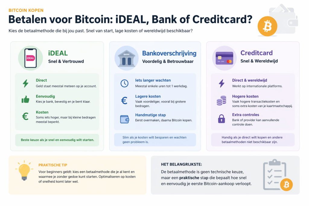 Infographic met vergelijking van Bitcoin kopen via iDEAL, bankoverschrijving en creditcard, inclusief verschillen in snelheid, kosten en gebruiksgemak.