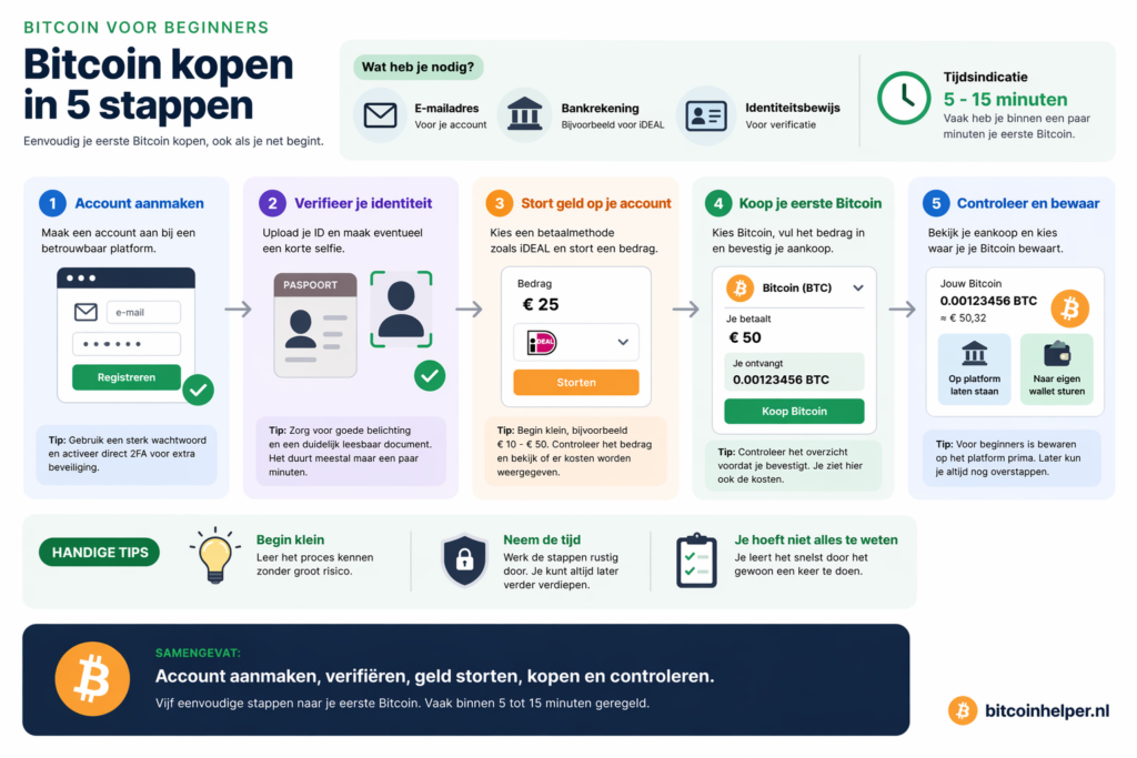 Infographic met 5 stappen om Bitcoin te kopen: account aanmaken, identiteit verifiëren, geld storten, Bitcoin kopen en aankoop controleren, inclusief tips en tijdsindicatie van 5–15 minuten.