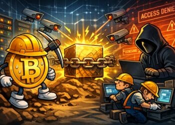Illustratie van Bitcoin mining die het netwerk beveiligt door blocks te beschermen tegen hackers met behulp van rekenkracht en Proof of Work