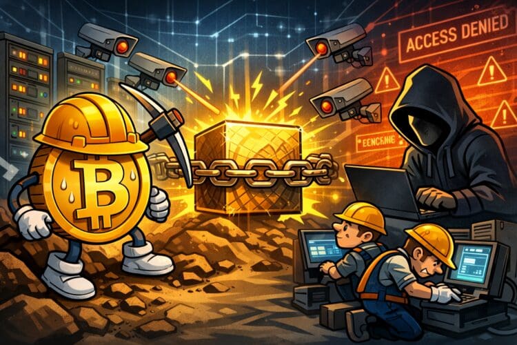 Illustratie van Bitcoin mining die het netwerk beveiligt door blocks te beschermen tegen hackers met behulp van rekenkracht en Proof of Work