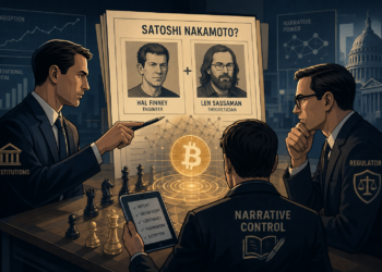 Editorial illustratie van drie zakelijke figuren die Bitcoin analyseren rond een holografische munt, met op de achtergrond Hal Finney en Len Sassaman als mogelijke Satoshi Nakamoto, symboliserend narratieve controle en institutionele framing.