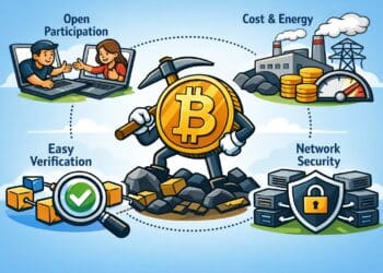 Illustratie van een Bitcoin-figuur die een zwaar blok voortduwt als symbool voor Proof of Work en netwerkbeveiliging