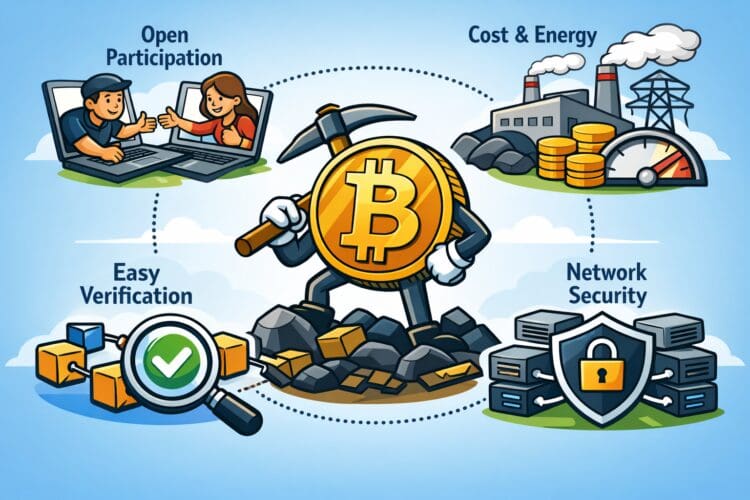 Illustratie van een Bitcoin-figuur die een zwaar blok voortduwt als symbool voor Proof of Work en netwerkbeveiliging