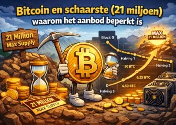 Crypto illustratie van Bitcoin schaarste met 21 miljoen limiet, halving proces en afnemende mining beloningen in cartoon stijl
