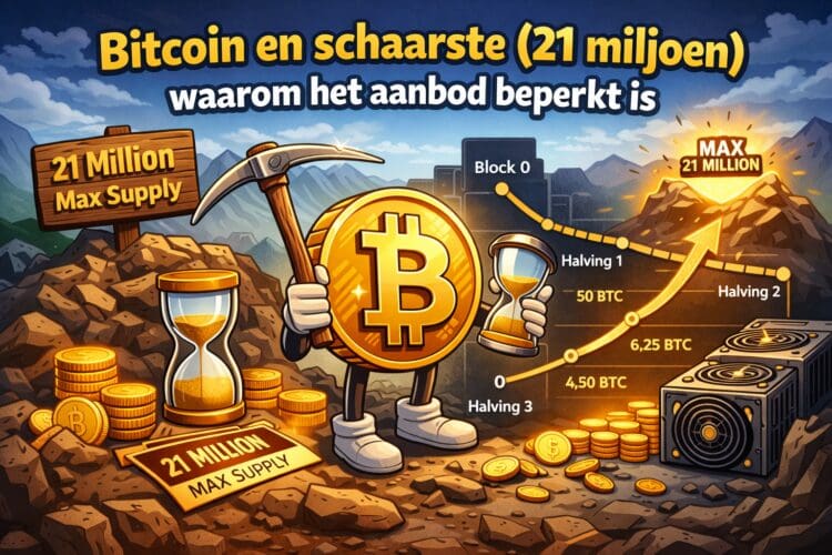Crypto illustratie van Bitcoin schaarste met 21 miljoen limiet, halving proces en afnemende mining beloningen in cartoon stijl