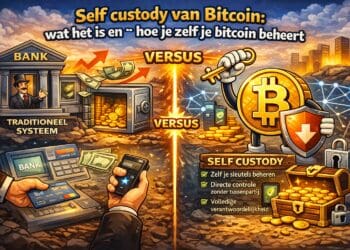 Crypto illustratie van self custody waarbij gebruiker eigen bitcoin beheert met wallet en privésleutels zonder tussenpartij in cartoon stijl