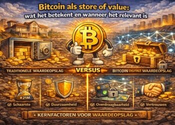 Crypto illustratie van Bitcoin als store of value met vergelijking tussen goud en digitale waardeopslag en factoren zoals schaarste en vertrouwen in cartoon stijl