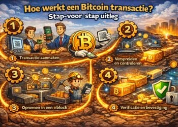 Crypto illustratie van Bitcoin transactie proces met stappen zoals aanmaken, verspreiden, block opname en bevestiging in cartoon stijl