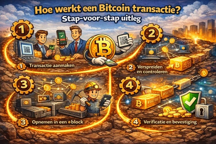Crypto illustratie van Bitcoin transactie proces met stappen zoals aanmaken, verspreiden, block opname en bevestiging in cartoon stijl
