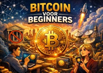Cartoonillustratie van Bitcoin voor beginners met wallet, netwerk en digitale transacties zonder bank