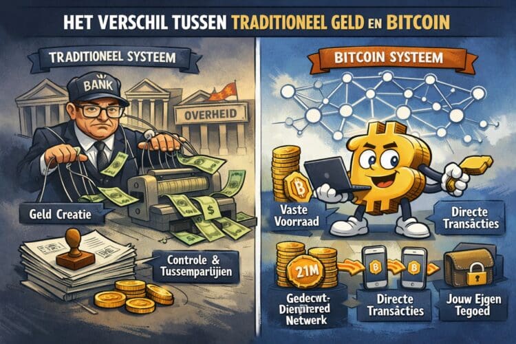 Illustratie die het verschil toont tussen Bitcoin en traditioneel geld, met links centrale banken en controle, en rechts een gedecentraliseerd Bitcoin-netwerk met directe transacties zonder tussenpartij.
