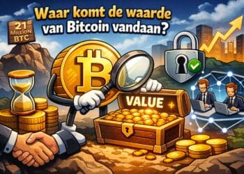 Illustratie van Bitcoin waarde met nadruk op schaarste, gebruik, vertrouwen en netwerkeffect in crypto cartoon stijl