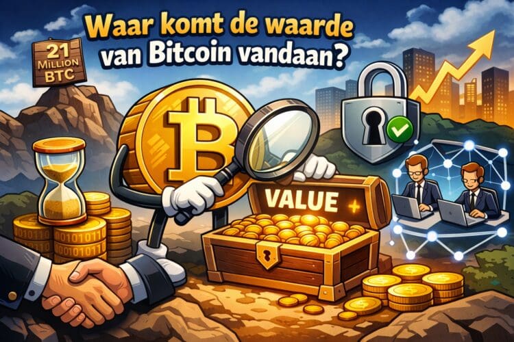 Illustratie van Bitcoin waarde met nadruk op schaarste, gebruik, vertrouwen en netwerkeffect in crypto cartoon stijl