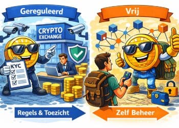 Cartoonillustratie van crypto met tegenstelling tussen gereguleerde platforms en vrij gebruik via self custody en wallets