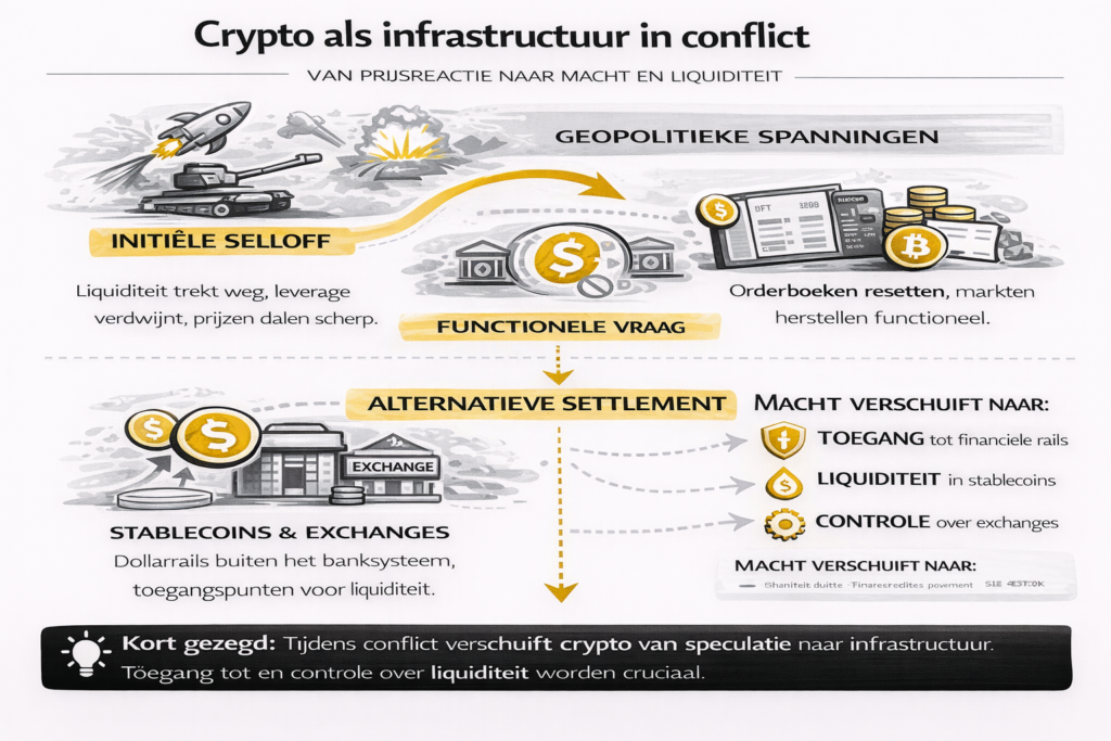 Landscape infographic van Bitcoinhelper die laat zien hoe crypto tijdens geopolitieke spanningen verschuift van prijsreactie naar infrastructuur, met visuele flow van selloff en liquiditeitsreset naar functionele vraag, alternatieve settlement, rol van stablecoins en exchanges, en de machtsverschuiving naar toegang, liquiditeit en controle over financiële rails.