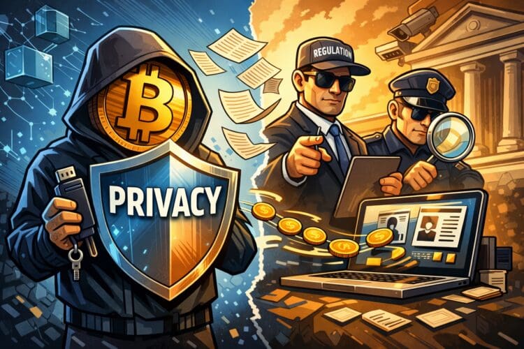 Cartoonillustratie van crypto transacties waarbij privacy wordt beïnvloed door regelgeving en controle op platforms