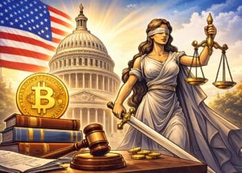 Cartoonillustratie van Amerikaanse crypto regelgeving met Bitcoin, Lady Justice en het Capitool als symbool voor toezicht en wetgeving