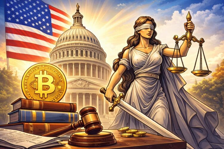 Cartoonillustratie van Amerikaanse crypto regelgeving met Bitcoin, Lady Justice en het Capitool als symbool voor toezicht en wetgeving