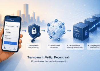 Illustratie van een crypto transactieproces waarbij een gebruiker een transactie ondertekent met een private key, deze naar het netwerk wordt gestuurd en uiteindelijk wordt bevestigd en vastgelegd op de blockchain