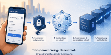 Illustratie van een crypto transactieproces waarbij een gebruiker een transactie ondertekent met een private key, deze naar het netwerk wordt gestuurd en uiteindelijk wordt bevestigd en vastgelegd op de blockchain