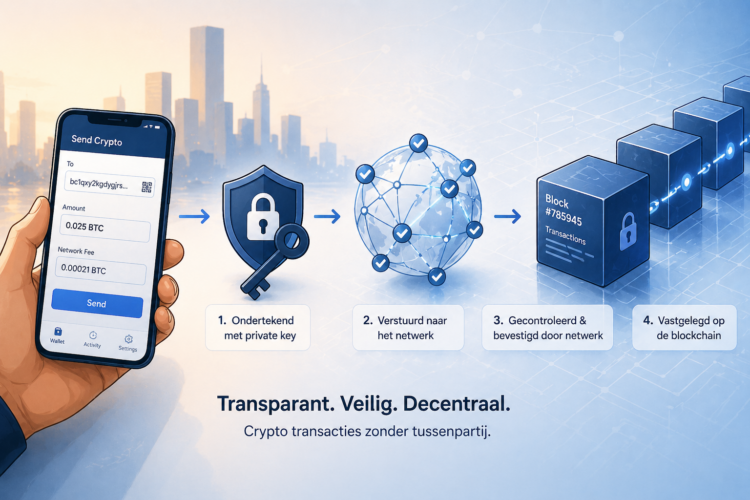 Illustratie van een crypto transactieproces waarbij een gebruiker een transactie ondertekent met een private key, deze naar het netwerk wordt gestuurd en uiteindelijk wordt bevestigd en vastgelegd op de blockchain