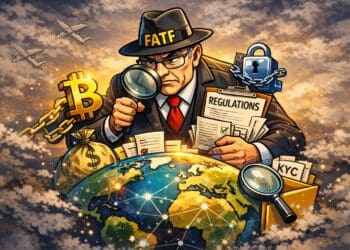 Cartoonillustratie van FATF die wereldwijd crypto regelgeving bepaalt en toezicht houdt op transacties en platforms