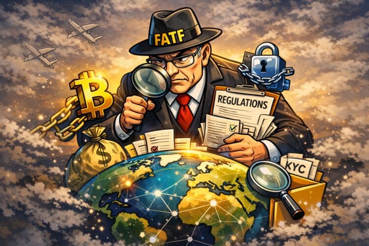 Cartoonillustratie van FATF die wereldwijd crypto regelgeving bepaalt en toezicht houdt op transacties en platforms