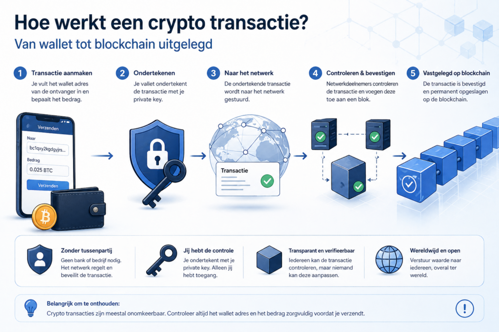 Illustratie van het proces van een crypto transactie van wallet tot blockchain, inclusief ondertekening met private key, netwerkvalidatie en bevestiging in een blok
