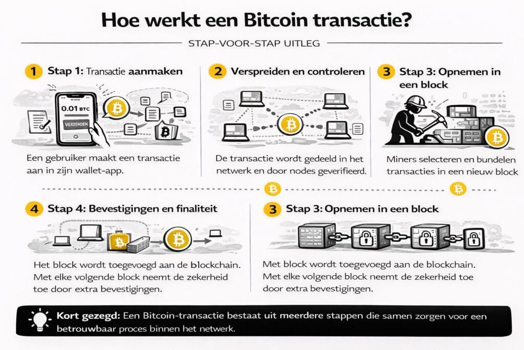 Landscape infographic van Bitcoinhelper die stap voor stap laat zien hoe een Bitcoin-transactie werkt: van het aanmaken via een wallet, het verspreiden en controleren door nodes, opname in een block door miners, tot bevestigingen op de blockchain die zorgen voor definitieve verwerking.