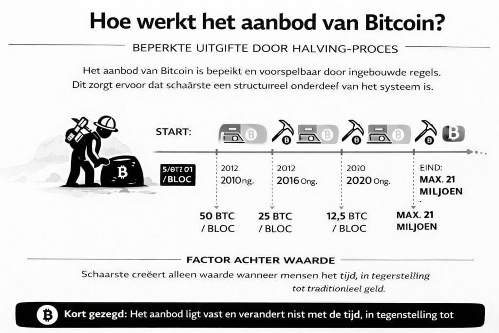Zwart-witte landscape infographic van Bitcoinhelper die uitlegt hoe het aanbod van Bitcoin werkt, met een tijdlijn van mining-beloningen en halving-momenten, afnemende block rewards en een maximaal aanbod van 21 miljoen bitcoin, waarbij de nadruk ligt op voorspelbaarheid en vaste regels binnen het netwerk.