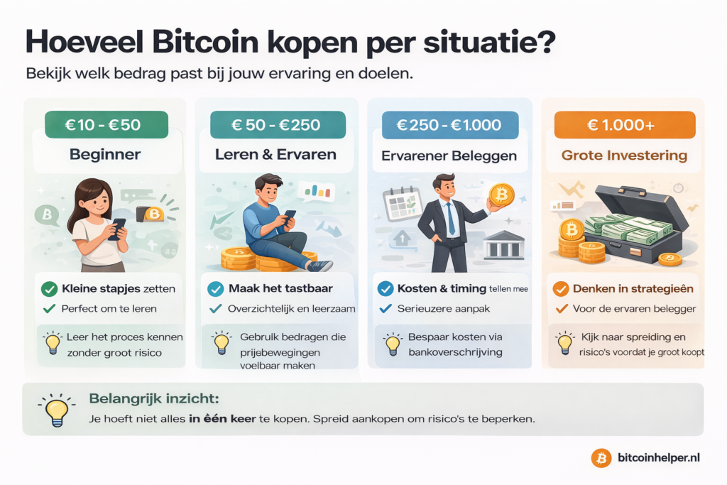 Infographic met vier Bitcoin aankoopbedragen per situatie: €10–€50, €50–€250, €250–€1.000 en €1.000+, inclusief tips over ervaring, kosten en spreiden van aankopen.