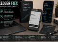 Illustratie van de Ledger Flex hardware wallet met E Ink-touchscreen, waarbij transacties op het apparaat worden gecontroleerd en bevestigd en private keys veilig offline worden beheerd