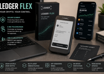 Illustratie van de Ledger Flex hardware wallet met E Ink-touchscreen, waarbij transacties op het apparaat worden gecontroleerd en bevestigd en private keys veilig offline worden beheerd