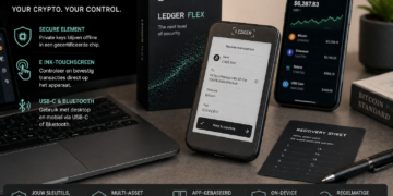 Illustratie van de Ledger Flex hardware wallet met E Ink-touchscreen, waarbij transacties op het apparaat worden gecontroleerd en bevestigd en private keys veilig offline worden beheerd