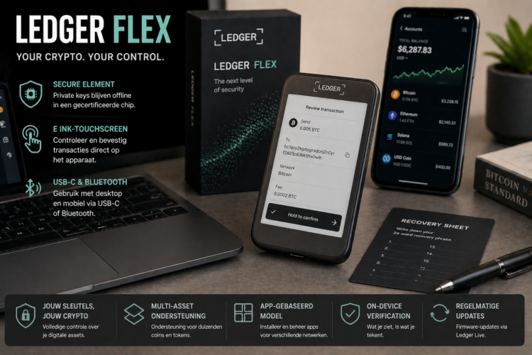 Illustratie van de Ledger Flex hardware wallet met E Ink-touchscreen, waarbij transacties op het apparaat worden gecontroleerd en bevestigd en private keys veilig offline worden beheerd
