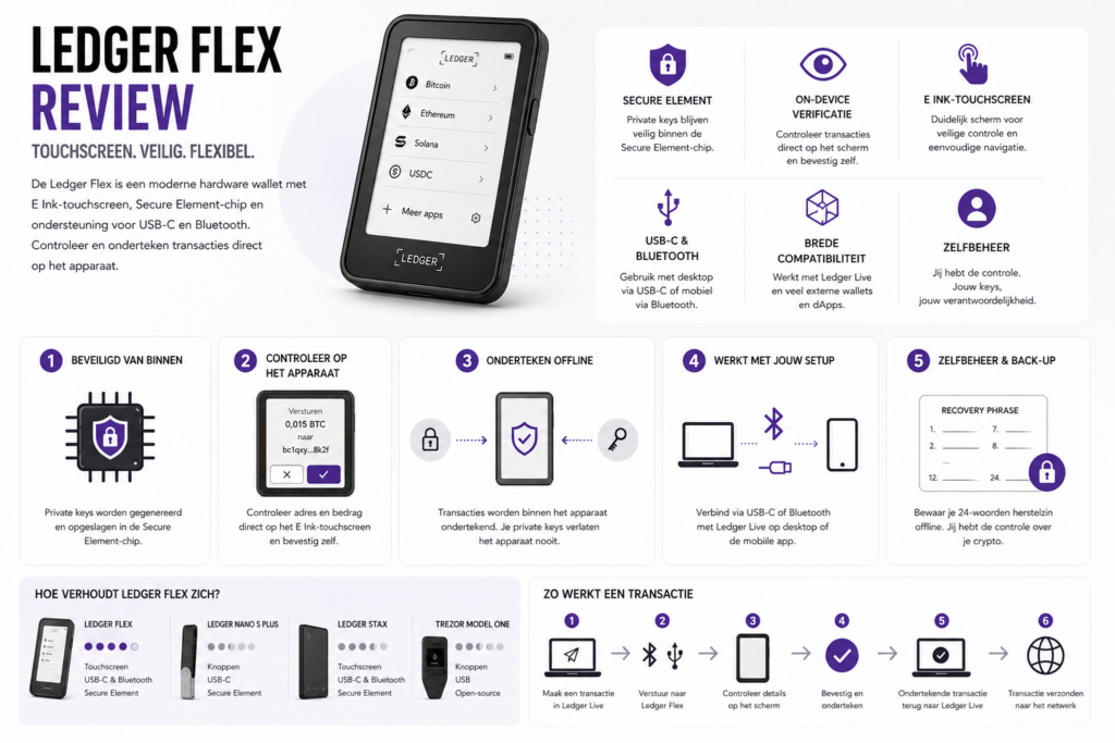 Minimalistische infographic van de Ledger Flex met touchscreen, Secure Element beveiliging en ondersteuning voor USB-C en Bluetooth voor crypto transacties