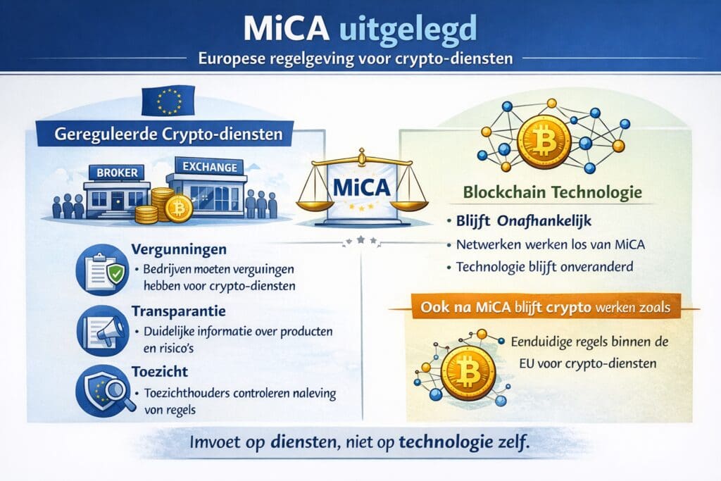 infographic van Bitcoinhelper die MiCA (Markets in Crypto-Assets Regulation) uitlegt, met een visuele scheiding tussen gereguleerde crypto-diensten zoals brokers en exchanges (vergunningen, transparantie en toezicht) en blockchaintechnologie die onafhankelijk blijft functioneren, met nadruk op impact op diensten en niet op de technologie zelf.