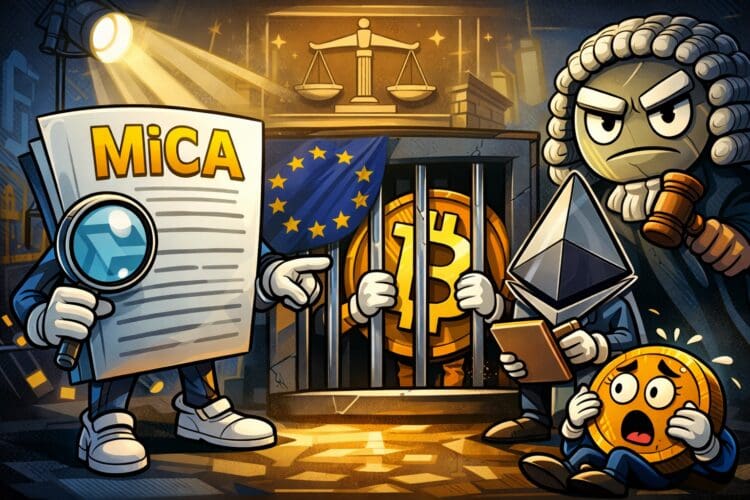 Cartoonillustratie van Europese Unie die crypto platforms reguleert via MiCA regelgeving