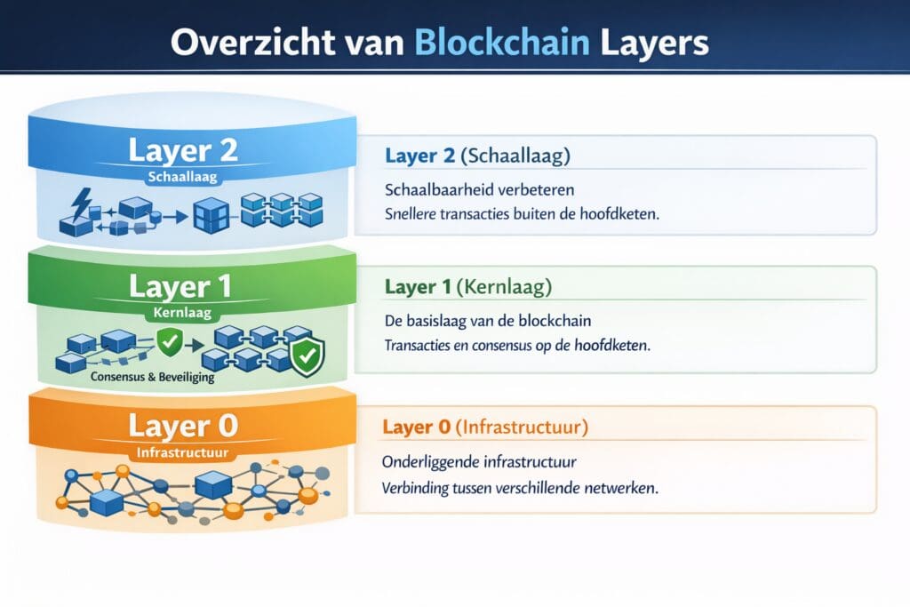 Zwart-witte landscape infographic van Bitcoinhelper die een overzicht geeft van blockchain layers, met een gelaagde visualisatie van Layer 0 (infrastructuur en interoperabiliteit), Layer 1 (kernlaag voor transacties, consensus en beveiliging) en Layer 2 (schaallaag voor snellere en goedkopere transactieverwerking bovenop de blockchain).